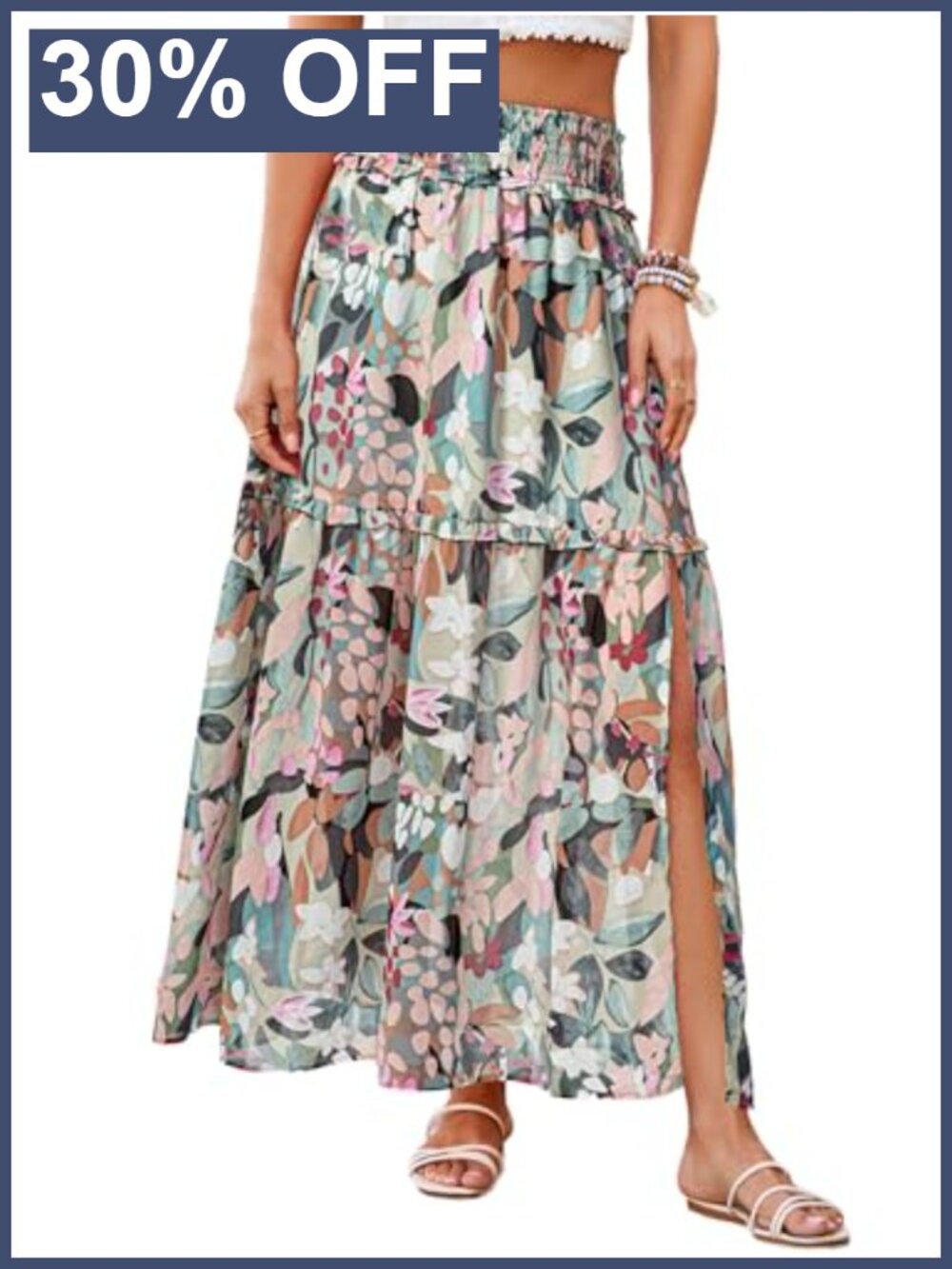 Boho Floral Chiffon Maxi Skirt Smocked High Waist A-Line Slit